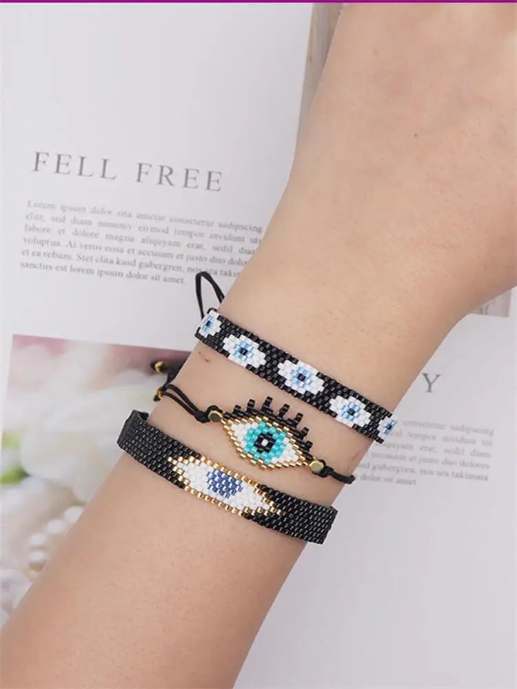 3Pcs Bohemian Women Evil Eyes Bracelets Set For Female I Love You Miyuki Round Charm Beads Chain Bangle Fashion Party Jewelry