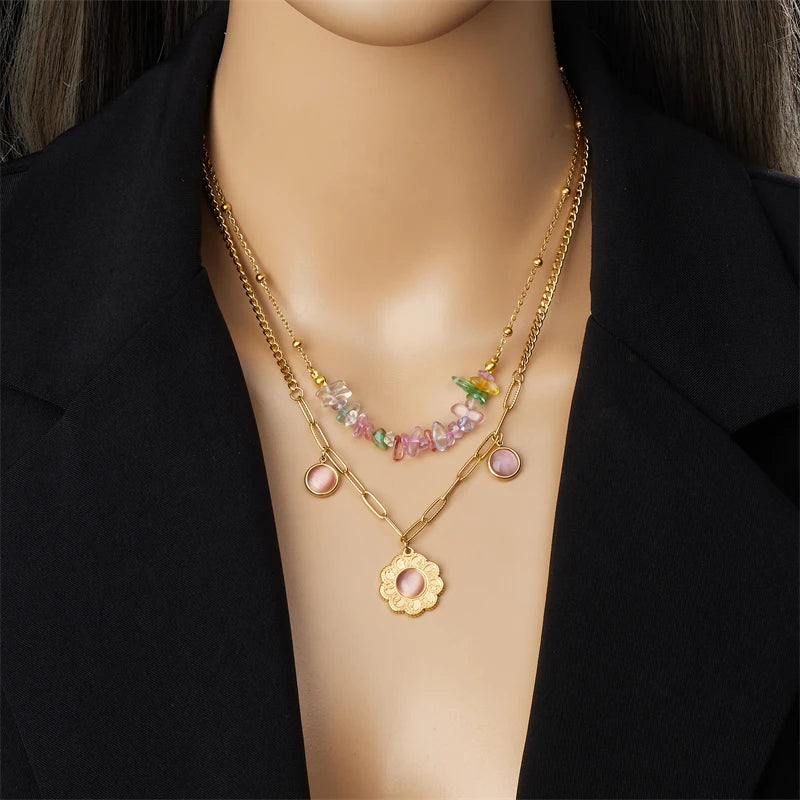 316L Stainless Steel Pink Cat Eye Stone Colored Gravel Bilayer Necklace For Women 2024 New Trend Neck Jewelry Gift Party