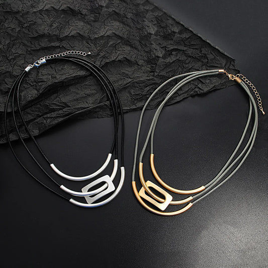 Vintage Multilayer Leather Choker Necklace for Women Personality Gold Color Curved Metal Tube Necklaces Collares Jewelry