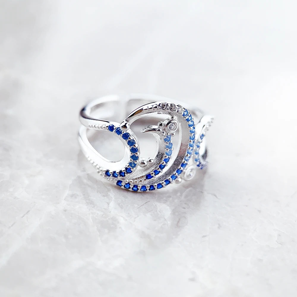 Wave With Blue Stones Cocktail Ring Brand New Fine Jewerly Real Pure 925 Sterling Silver Trendy Gift For Women