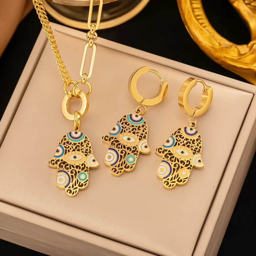 2024 Fashion Four-leaf Clover Stainless Steel Earrings Necklace Set For Women Lucky Turkish Blue Eyes Drop Pendant Daywear Jewelry