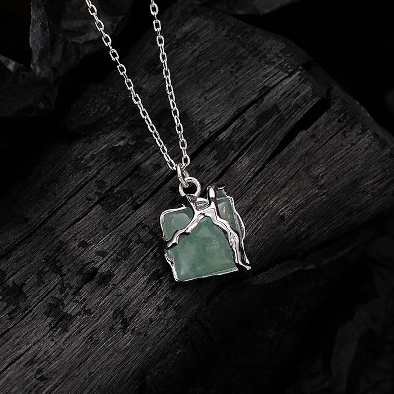 F.I.N.S New Chinese Style Gem Necklace S925 Sterling Silver Bamboo Series Green Aventurine Jade Irregular Clavicle Chain Jewelry