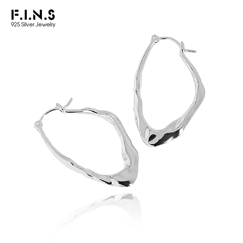 F.I.N.S Authentic 925 Sterling Silver Gold Glossy Big Hollow Hoops Piercing Irregular Circle Earrings Women Fine Jewelry