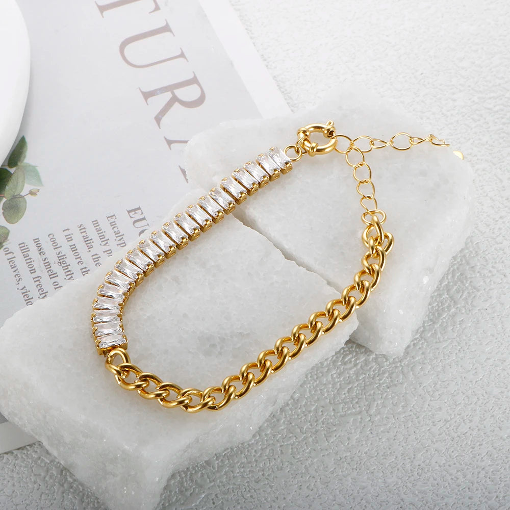 Luxury Cubic Zirconia Paneled Cuban Chain Bracelet 316L Stainless Steel White Square Crystal Bracele For Women Jewelry Wholesale