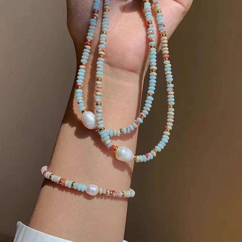 Vacation Style Natural Stone Bead Pearl Pendant Bracelet For Women's Fashion Jewelry sets Unusual Bracelet Accessories For Party