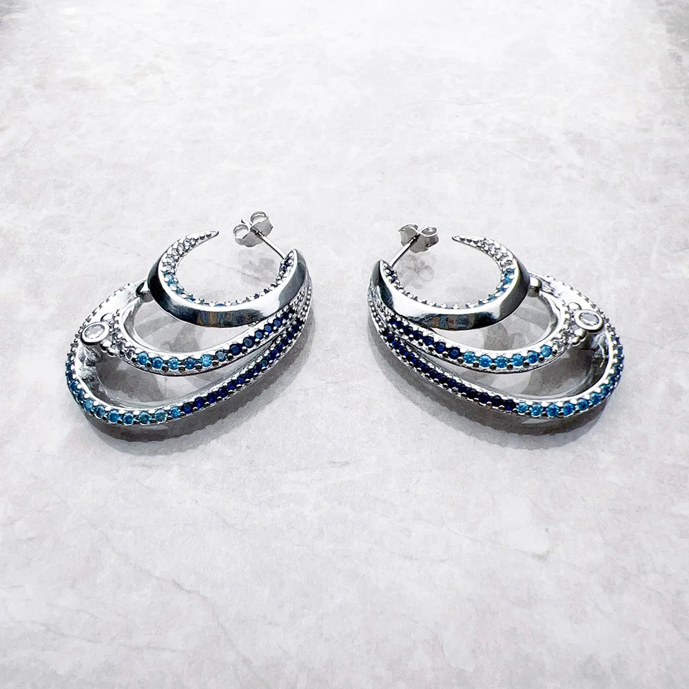 Creole Hoop Earrings Wave with Blue Stones Europe Style Fine Jewelry For Women Bohemia Gift In Solid 925 Sterling Silver