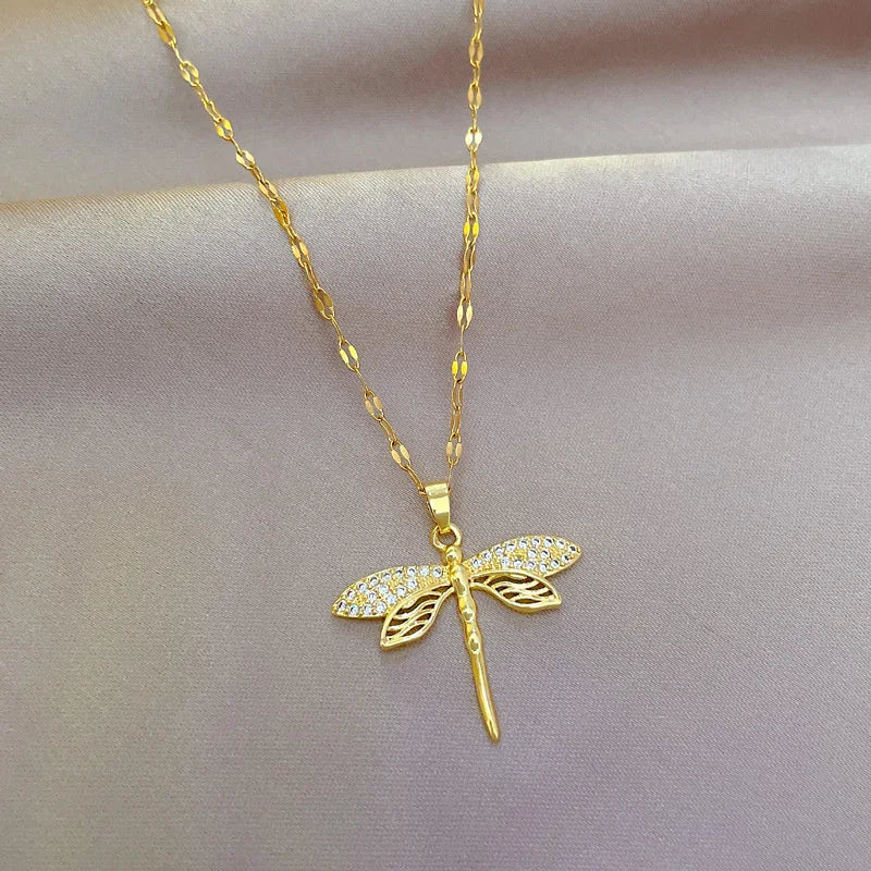 316L Stainless Steel Personality Dragonfly Pendant Necklace For Women Fashion Girls Clavicle Chain Party Jewelry Gifts