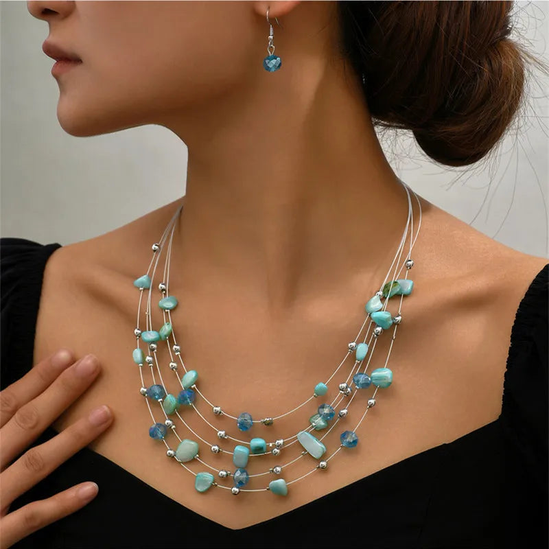 Colorful Shell Crystal Necklaces & Earrings Set For Women Multilayer Choker Necklace Women Crystal Earring Jewelry Sets