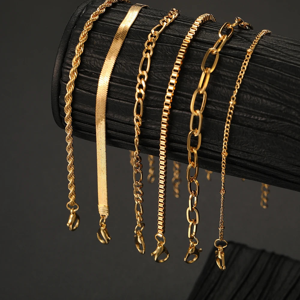 NEW 6Pcs Gold Color Bracelet Set Boho Retro Thick Twist Cuban Chain Bracelet for Women Trendy Quality Jewelry Gifts