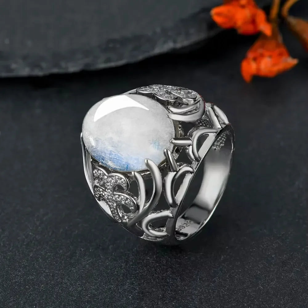 Women Flower Shaped Hollow Ring Fashion 925 Sterling Silver Ring Natural Stone Moonstone Exquisite Jewelry Gift Retro