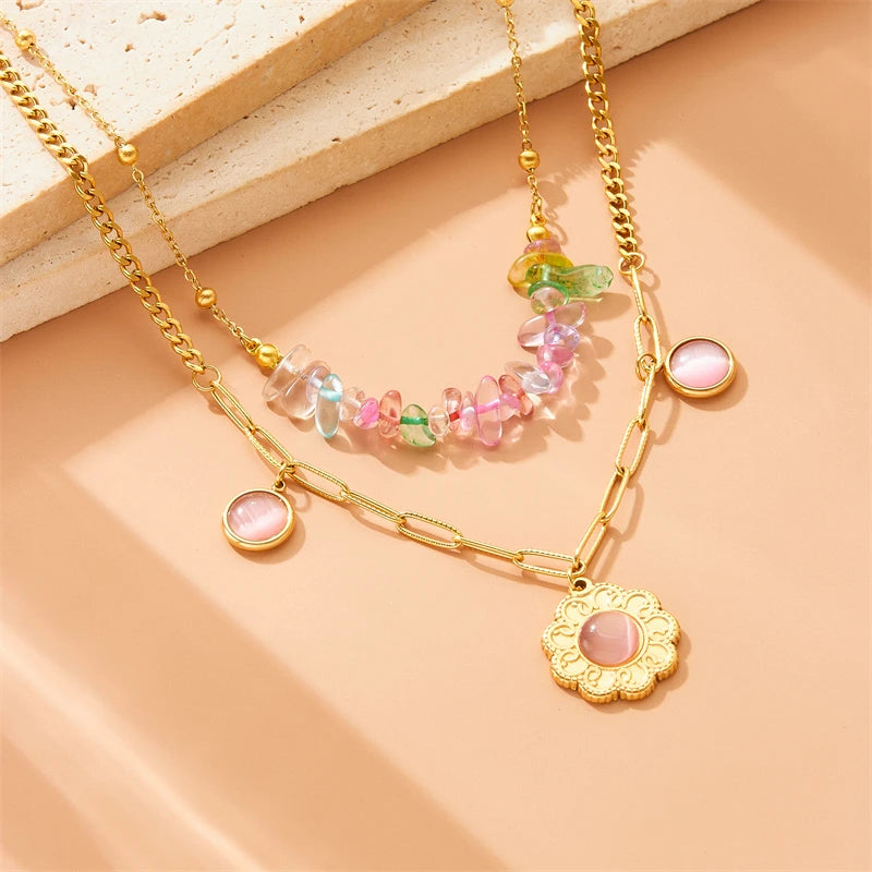 316L Stainless Steel Pink Cat Eye Stone Colored Gravel Bilayer Necklace For Women 2024 New Trend Neck Jewelry Gift Party