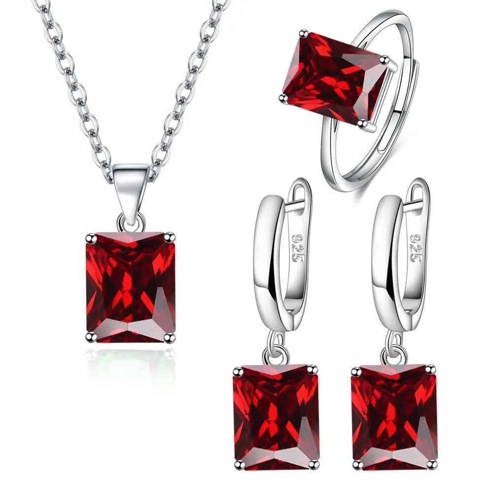 s925 Sterling Silver Ring Earrings Necklace For Women Rectangle Geometry Zircon Wedding Elegant Jewelry Sets Free Shipping Items