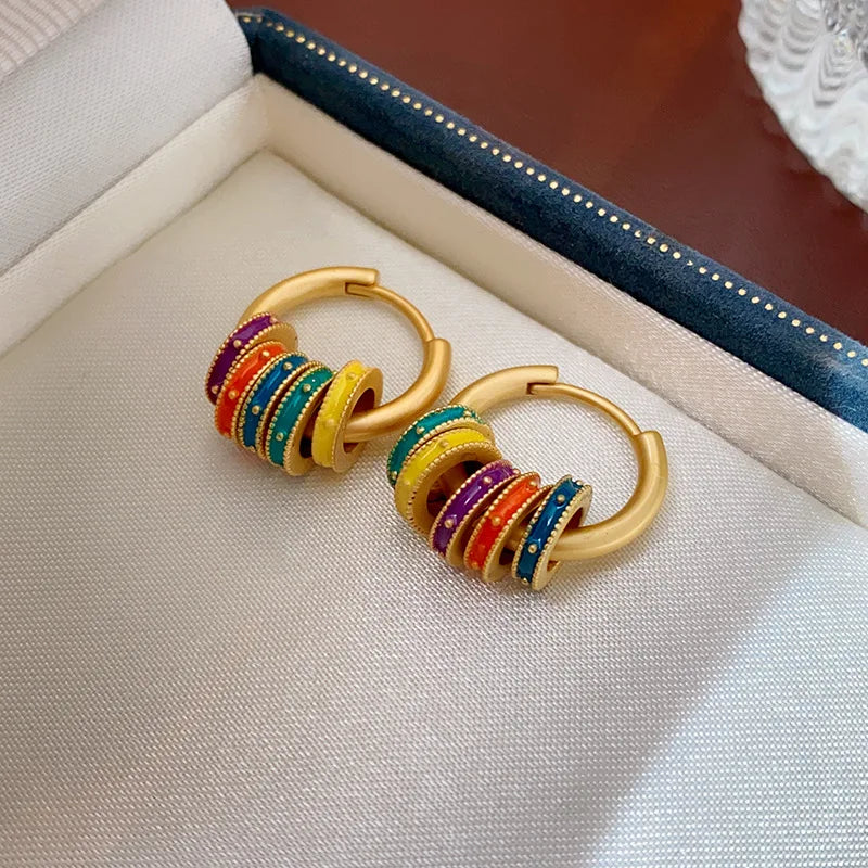 New Arrival Light Luxury Retro Oil Dropping Color Round Hoop Earrings For Women Fashion Sweet Metal Jewelry Party Gifts