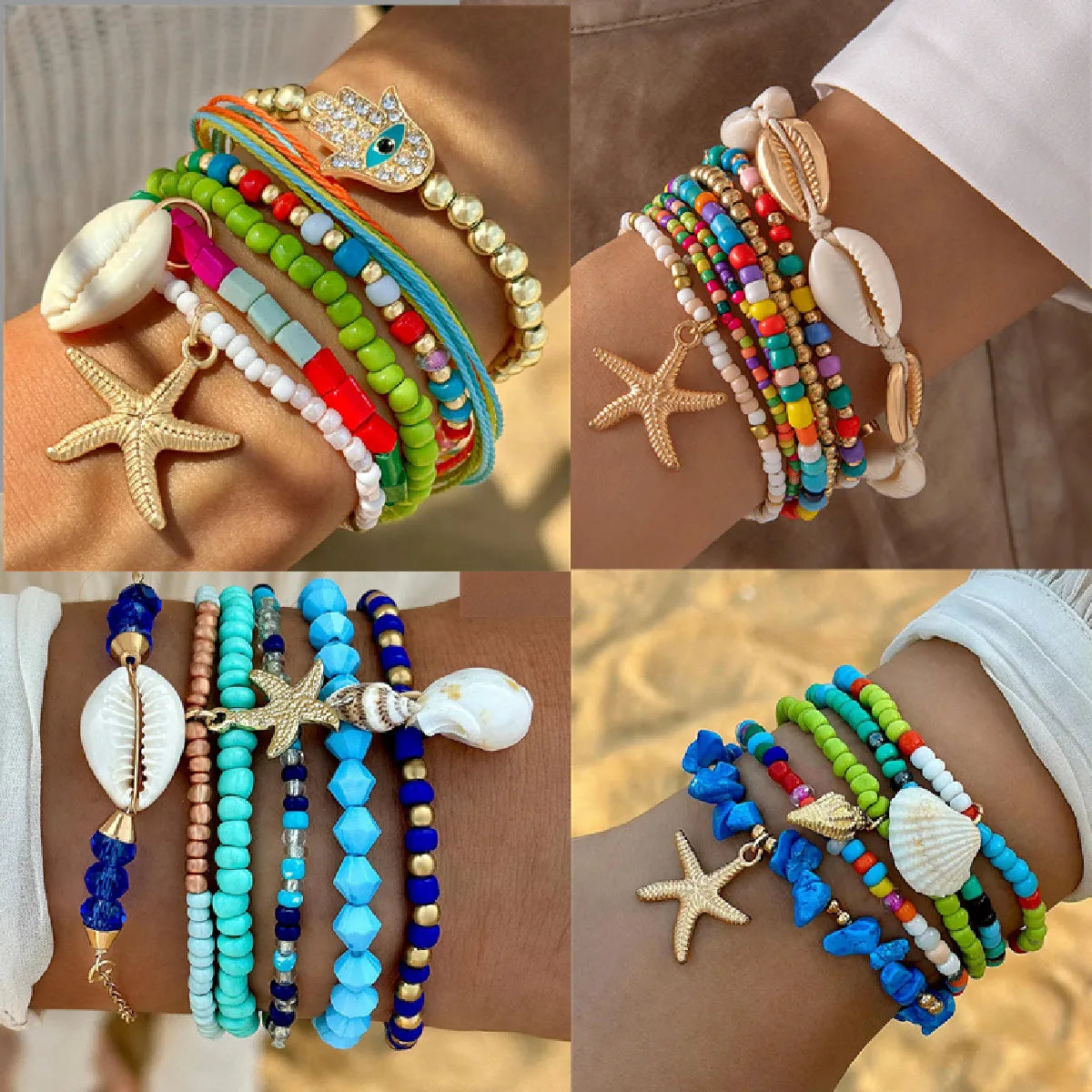 5-7pc/set Starfish Shell Ocean Conch Party Girl Hamsa Hand Bead Bohemia Bracelets For Women Female Jewelry