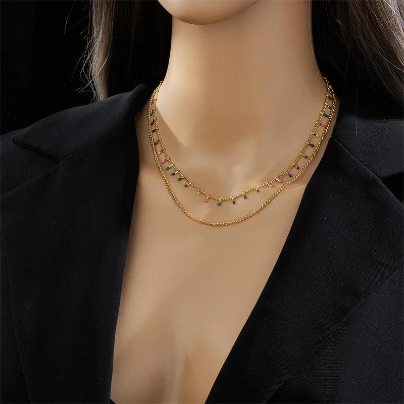 316L Stainless Steel Colour Decorated 2 Layers Chains Necklace For Women Fashion Girls Neck Jewelry Party Wedding Gift