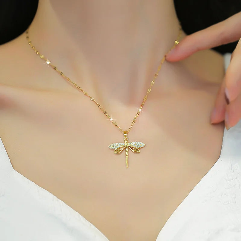 316L Stainless Steel Personality Dragonfly Pendant Necklace For Women Fashion Girls Clavicle Chain Party Jewelry Gifts