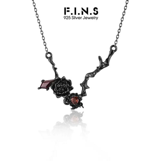 F.I.N.S Original S925 Sterling Silver Black Rose Necklace Retro Old Vintage Flower Red Zircon Pendant Sweater Chain Fine Jewelry