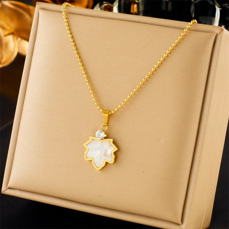 316L Stainless Steel Maple Leaf Zircon Pendant Necklace Earrings For Women Girl New Trendy Choker Jewelry Set Gift Party