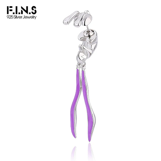 F.I.N.S 1PC 925 Sterling Silver Upside Down Enemal Rabbit Stud Earrings Front and Back Piercing Ear Hanging Pendientes Plata 925