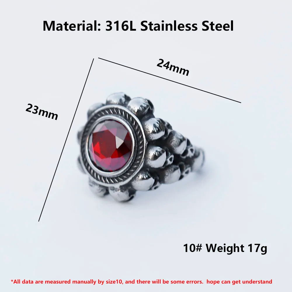 NEW Men's 316L stainless-steel rings Skull Head witth Red zircon ring Vintage gothic punk Jewelry Gifts