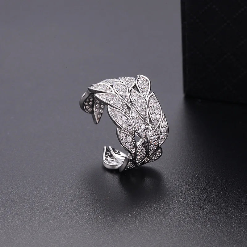 Micro-Inlaid Zircon Leaf Ring For Women Luxury Design Rings Female Open Size Minimal And Delicate Finger Band Bride Jewelry