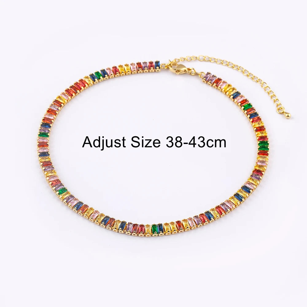 Classic Colorful Tennis Necklace Women Rectangular Full Zircon Neck Jewelry Adjustable Wedding Party Gift