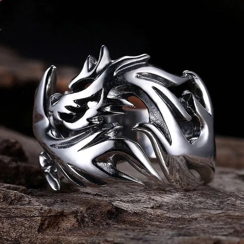 Dominant Flame Dragon Silver Ring for Men Vintage 925 Silver Adjustable Opening Ring Male Personality Finger Accessories