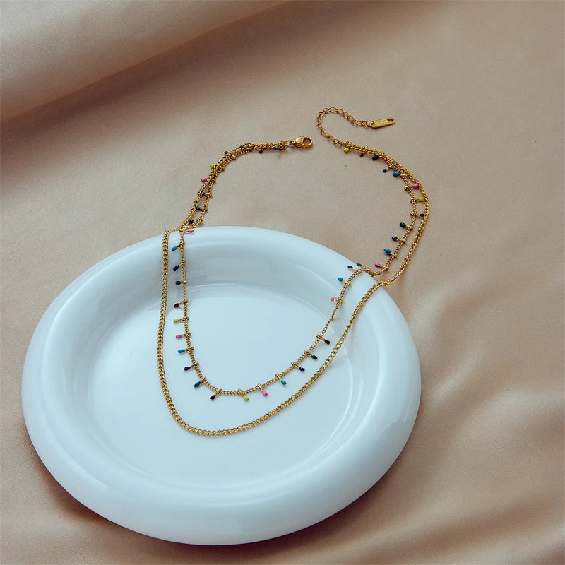 316L Stainless Steel Colour Decorated 2 Layers Chains Necklace For Women Fashion Girls Neck Jewelry Party Wedding Gift