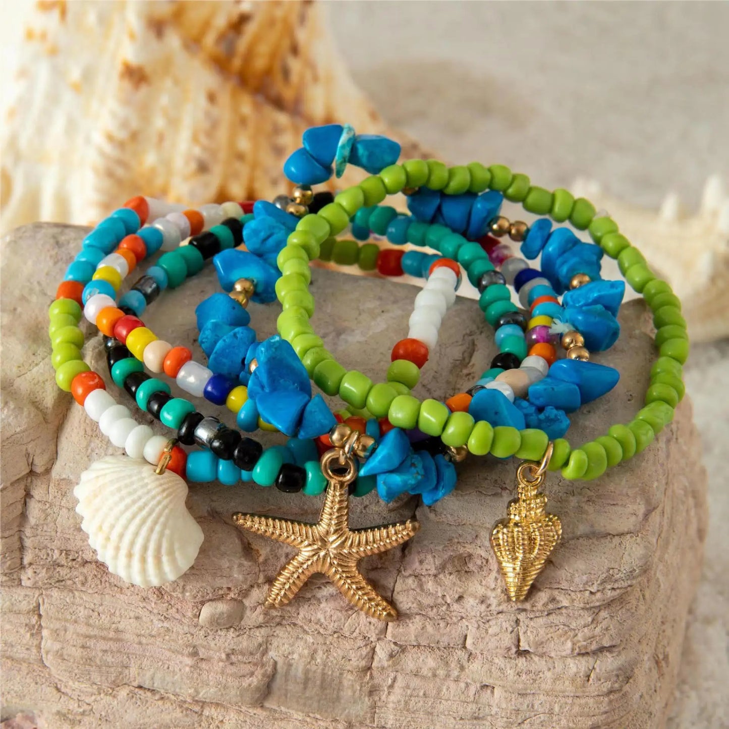 5-7pc/set Starfish Shell Ocean Conch Party Girl Hamsa Hand Bead Bohemia Bracelets For Women Female Jewelry