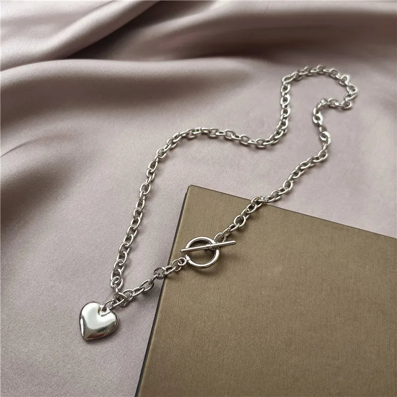 Punk Thick Lock Chain Heart Shape Pendant Choker Necklace for Women Retro Silver Color Metal Neck Chain Female Jewelry Gift