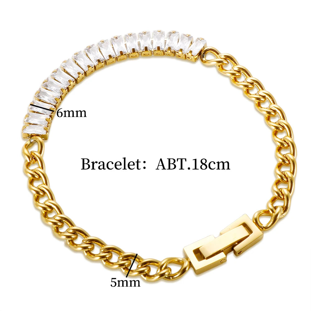 Luxury Cubic Zirconia Paneled Cuban Chain Bracelet 316L Stainless Steel White Square Crystal Bracele For Women Jewelry Wholesale