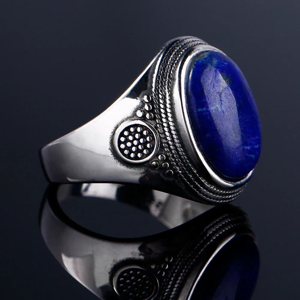 Sterling Silver 925 Ring Natural Big Oval Lapis Rings for Men Retro Luxury Fine Jewelry Party Anniversary Gift