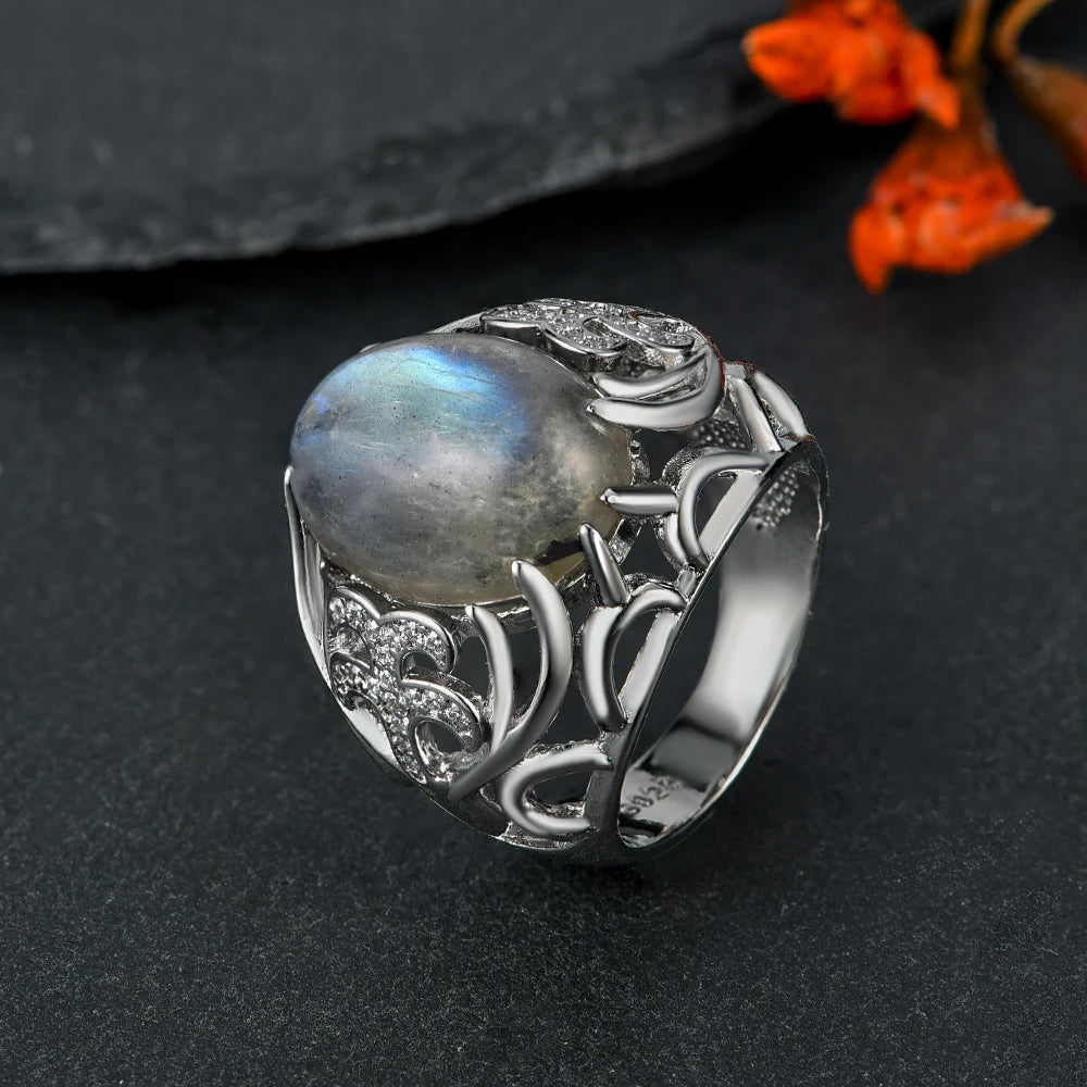 Women Flower Shaped Hollow Ring Fashion 925 Sterling Silver Ring Natural Stone Moonstone Exquisite Jewelry Gift Retro