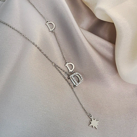 New Design Micro Set Zircon Letter D Tassel Silvery Color Necklace INS Fashion Neck Accessories For Women's Luxury Jewelry