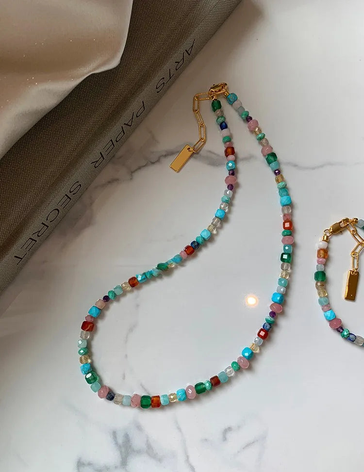 Colorful Natural Stone Beaded Necklace 2024 Women's Sweet and Fashionable Jewelry Set Elegant Accessories Neckchain for Girls