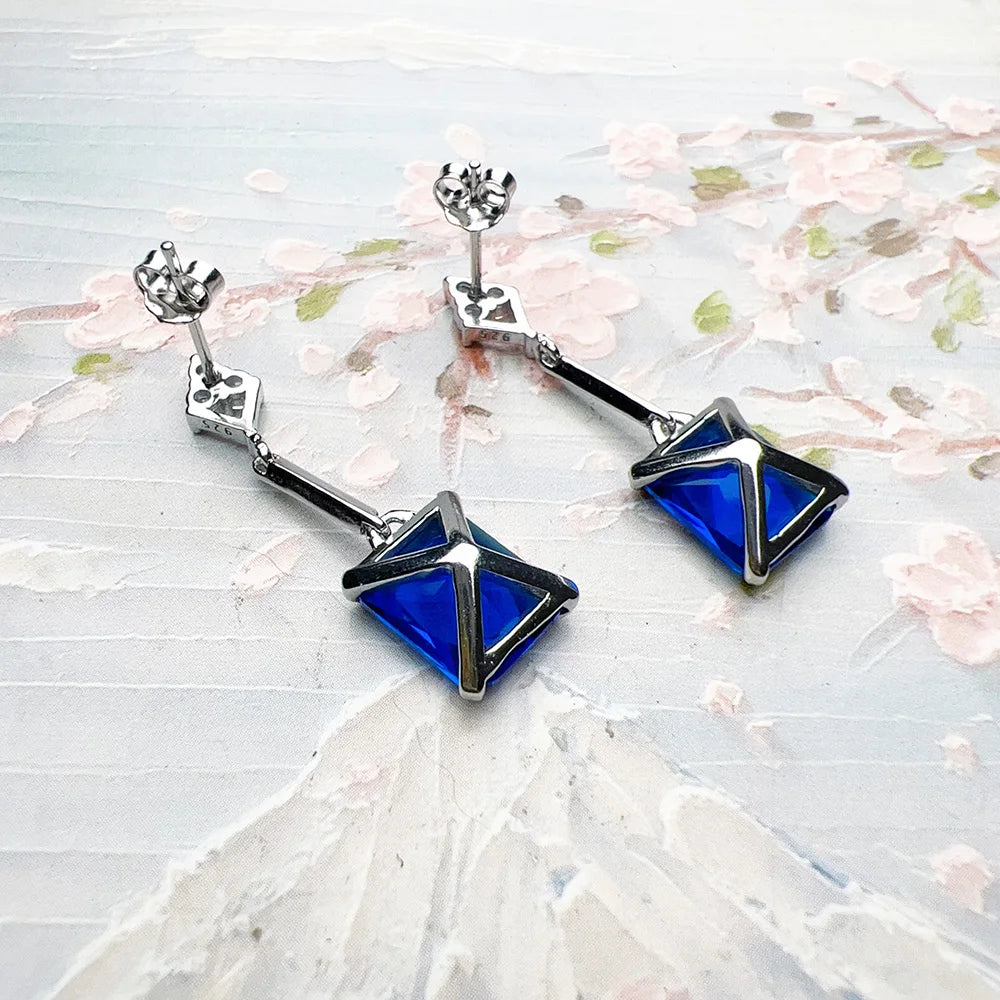 Dangle Earrings Sapphire Blue Stones Fine Jewelry For Women Summer Brand New Pure Sterling Silver 925 Classic and Elegant Gift