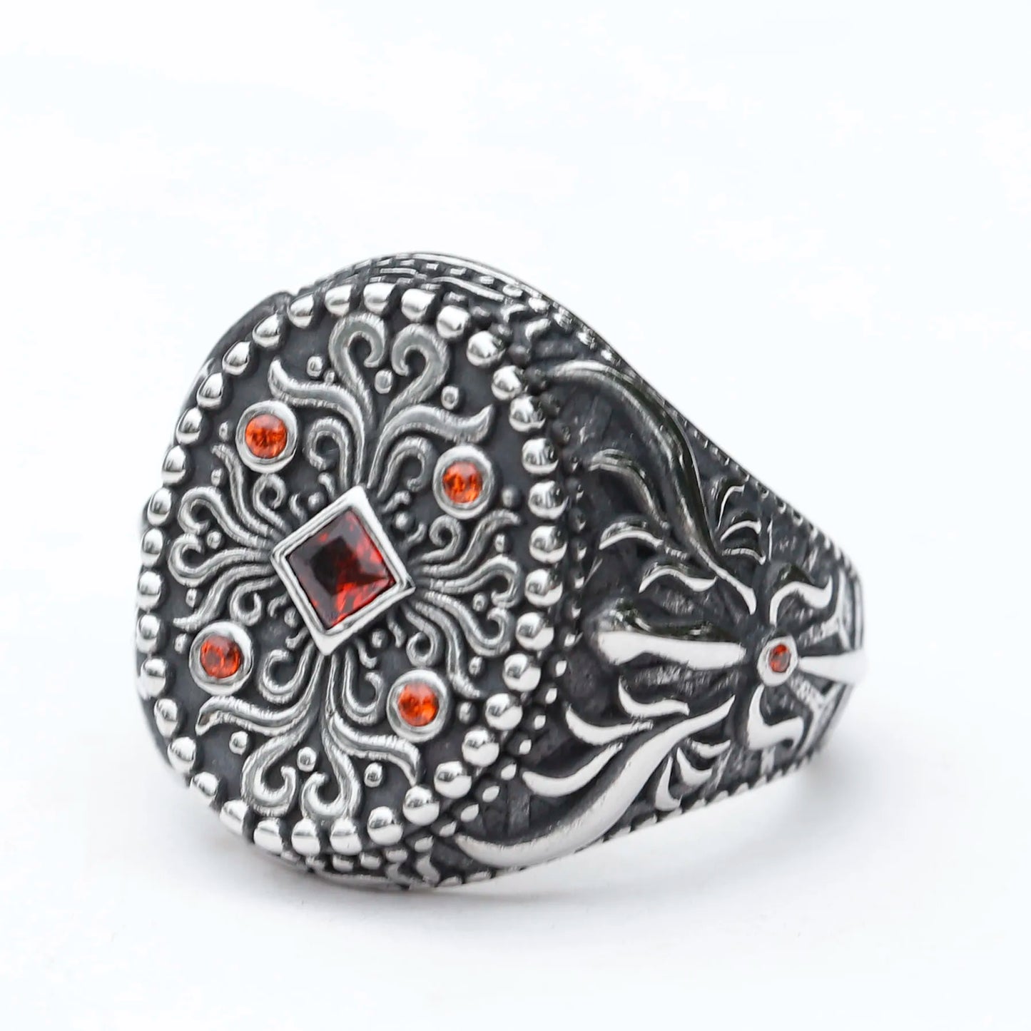 New Unique Design Stainless Steel Turkish Stone Ring Vintage Pattern Men's Ring Retro National Style Jewelry Gift