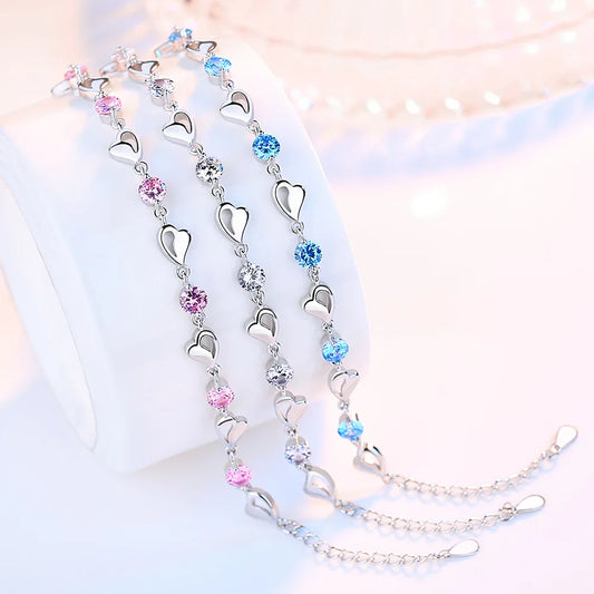 925 Sterling Silver Zircon Lovers Heart Shaped Bracelets Crystals For Women Valentines Gift Wedding Party Noble Jewelry