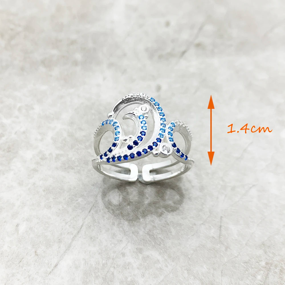 Wave With Blue Stones Cocktail Ring Brand New Fine Jewerly Real Pure 925 Sterling Silver Trendy Gift For Women