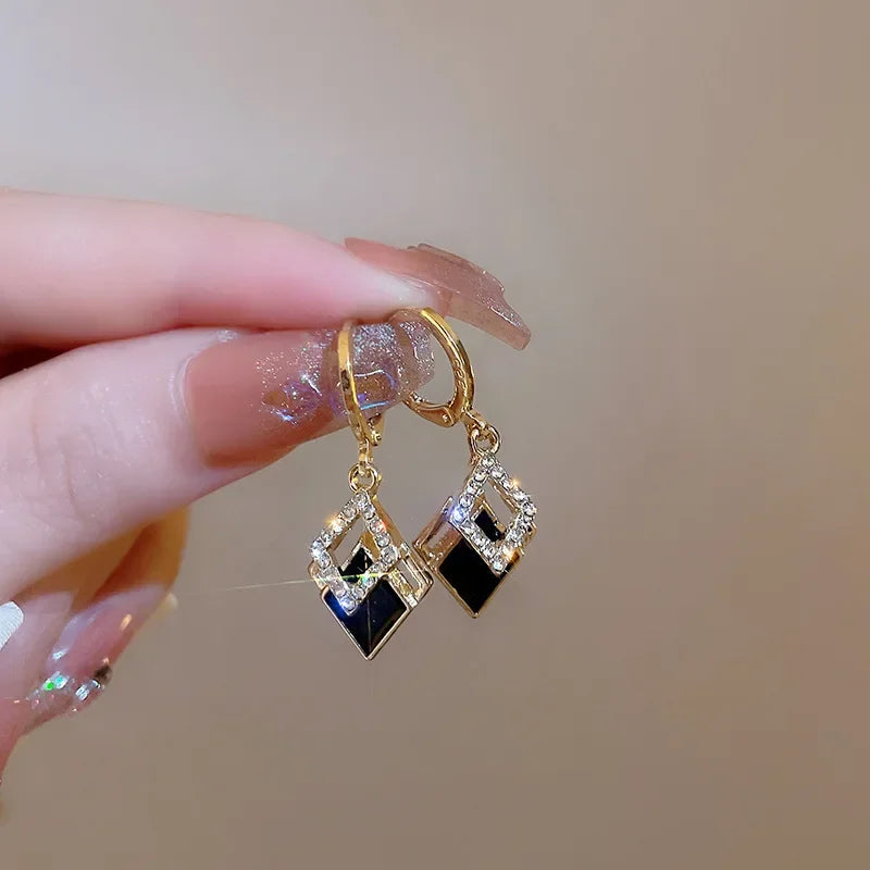 Black Geometric Double Square Hoop Earrings for Women Statement Rhinestone Dangle Earring Charming Jewelry Temperament