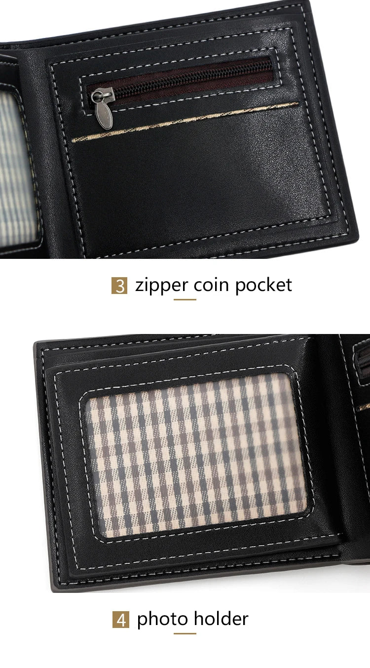 Short Men Wallets Engraving Vintage Card Holder Zipper Coin Pocket Retro Male Wallet PU Leather Small Men's Wallet