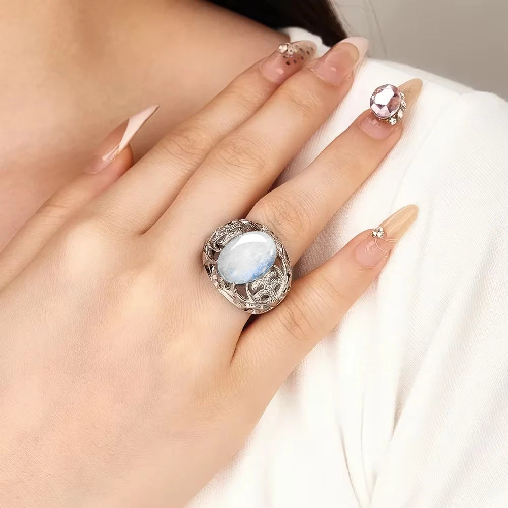 Women Flower Shaped Hollow Ring Fashion 925 Sterling Silver Ring Natural Stone Moonstone Exquisite Jewelry Gift Retro