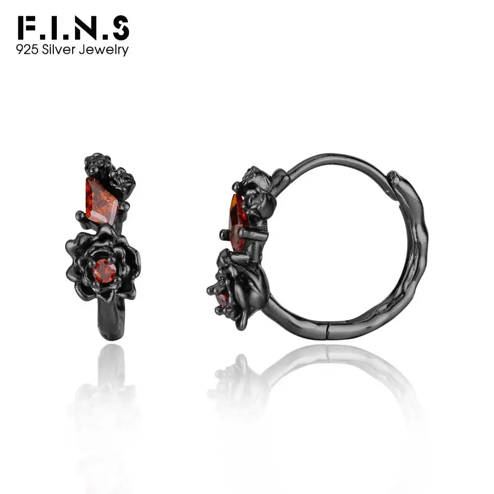 F.I.N.S Original Design S925 Sterling Silver Black Rose Hoop Earrings Women Small Fashion Red Zirconia Ear Buckles Fine Jewelry