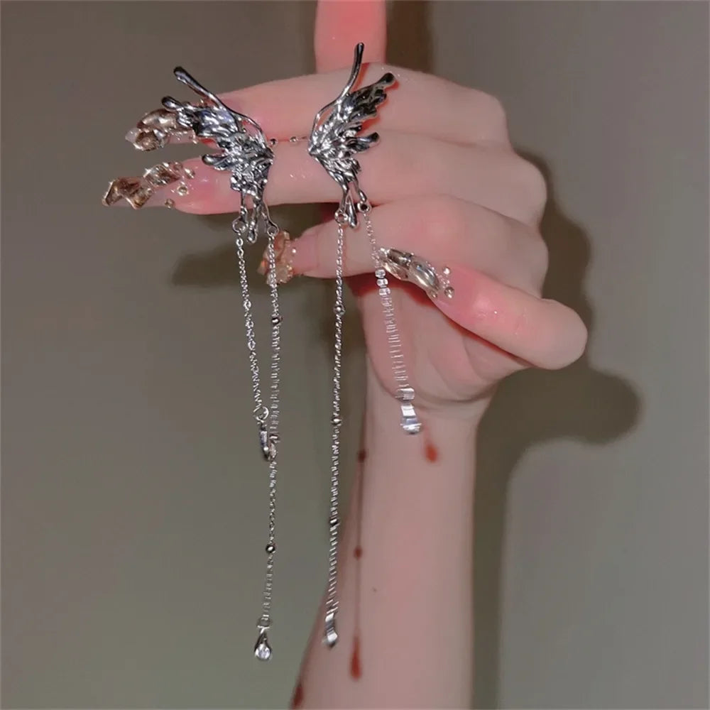 Kpop Silver Color Earrings Fairy Angel Wings Butterfly Long Tassel Clip Earrings for Women Teens Cool Ear Cuff Party Jewelry