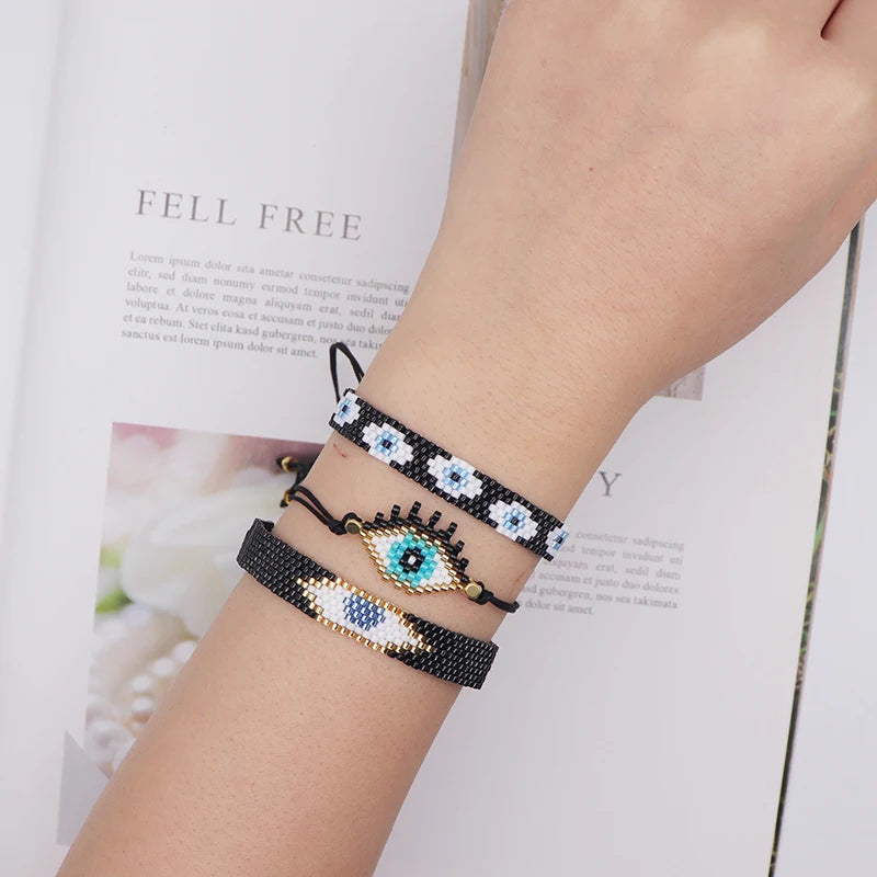 3Pcs Bohemian Women Evil Eyes Bracelets Set For Female I Love You Miyuki Round Charm Beads Chain Bangle Fashion Party Jewelry