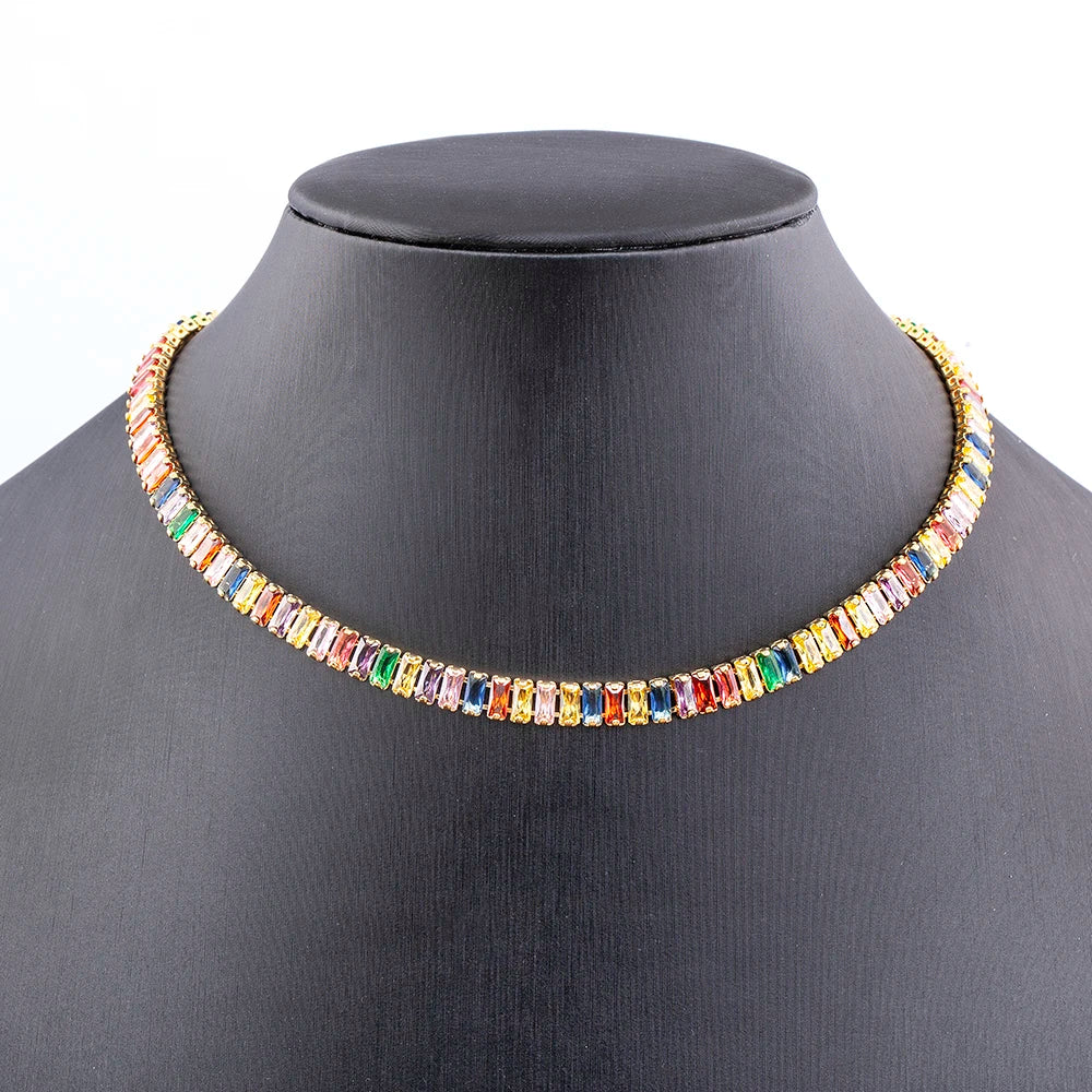 Classic Colorful Tennis Necklace Women Rectangular Full Zircon Neck Jewelry Adjustable Wedding Party Gift