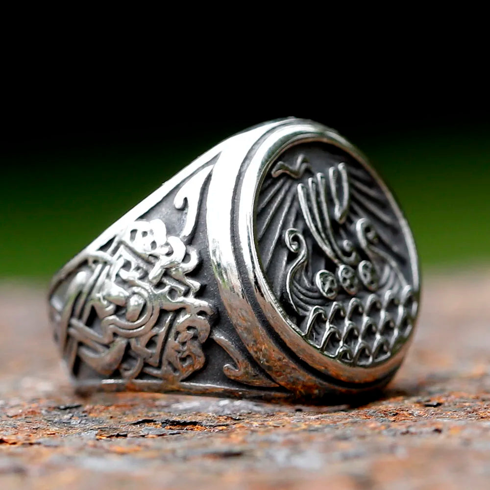 New Design Stainless Steel  Warrior Odin ship ring Amulet Jewelry Fashion Punk High Quality Jewelry for gift