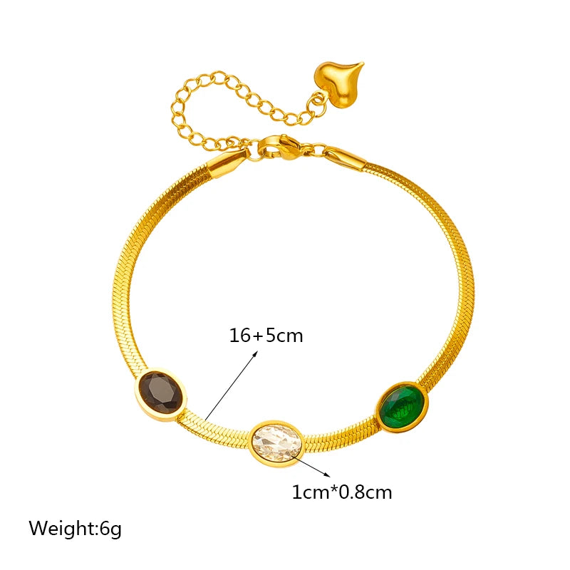 316L Stainless Steel White Black Green Zircon Snake Flat Chain Bracelet For Women Vintage Charming Wrist Jewelry Gifts