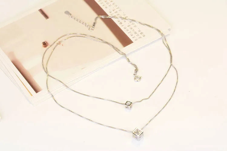 S925 Sterling Silver Love Cube Pendant For Women Double-Layer Clavicle Chain Pendant Necklace Necklace (40cm+3.5cm)