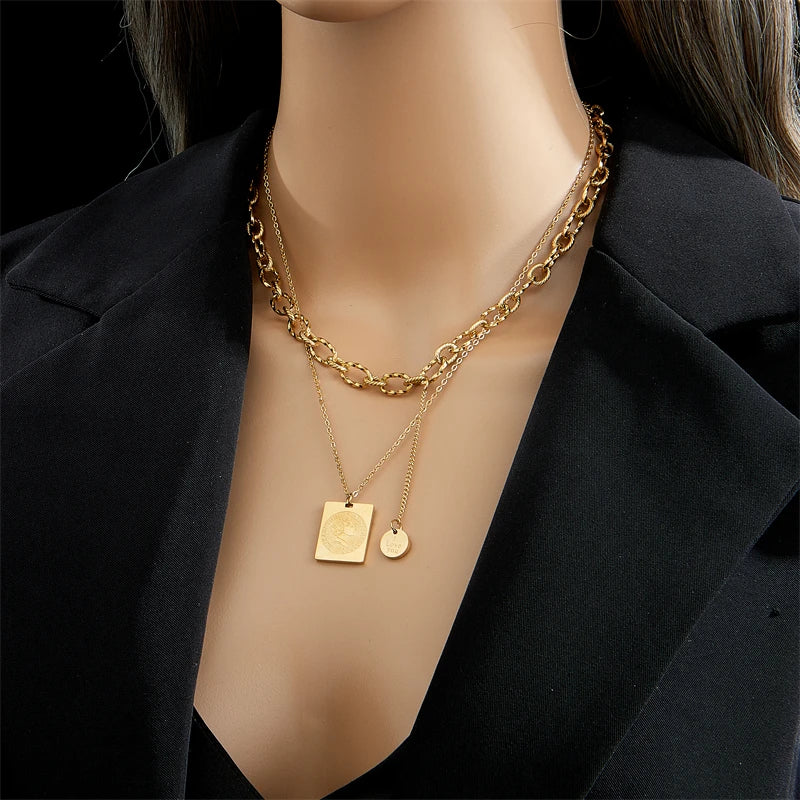 2024 316L Stainless Steel Gold Color Multilayer Necklace For Women Hip Hop Punk Street Trend Chain Choker Girls Jewelry Gift